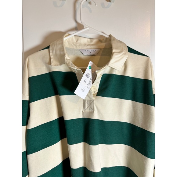 Primark Womens Oversized Long Sleeve Striped Rugby Shirt Green Cream Collared S - Picture 2 of 4